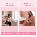 A promotional comparison graphic for the GlowPro IPL Handset, showing a woman in a pink sweater in two side-by-side panels. The left panel, labeled 'PROBLEM' and 'SALON SESSIONS ADD UP,' shows her sitting on a bench in a bathroom.