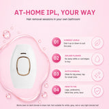 A pink promotional graphic for an at-home IPL hair removal device. The image shows a white handheld device with a gold accent ring inside a pink liquid splash graphic.