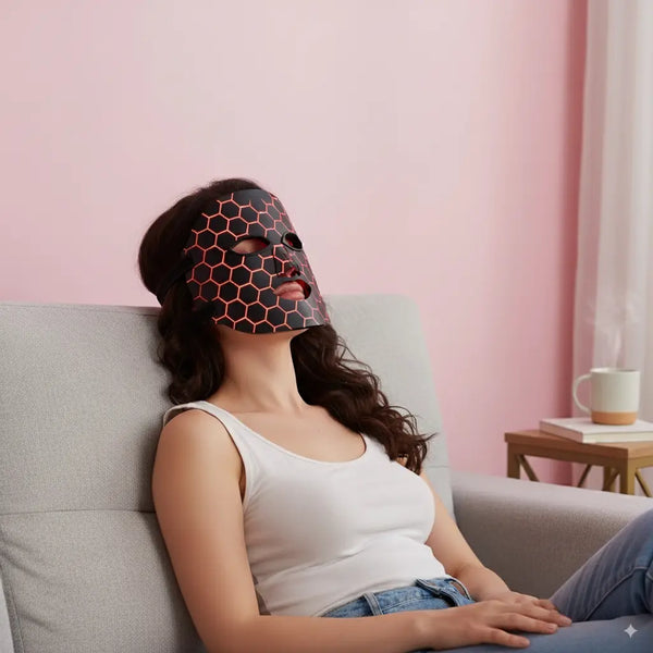 Person wearing a hexagonal patterned face mask sitting on a couch with a pink wall in the background.