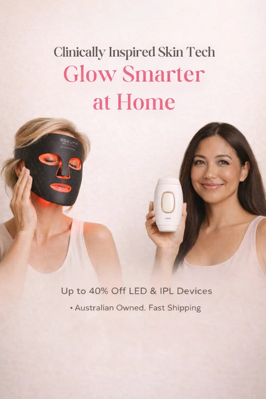 Two women with a LED and IPL device, promoting clinically inspired skin technology.
