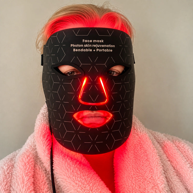 Jacqui, iBeauty Australia founder, wearing the LED light therapy mask