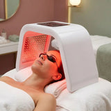 7 Color Photon LED Therapy canopy over reclining woman, realistic