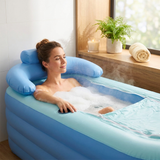 Woman relaxing in portable foldable warm bathtub